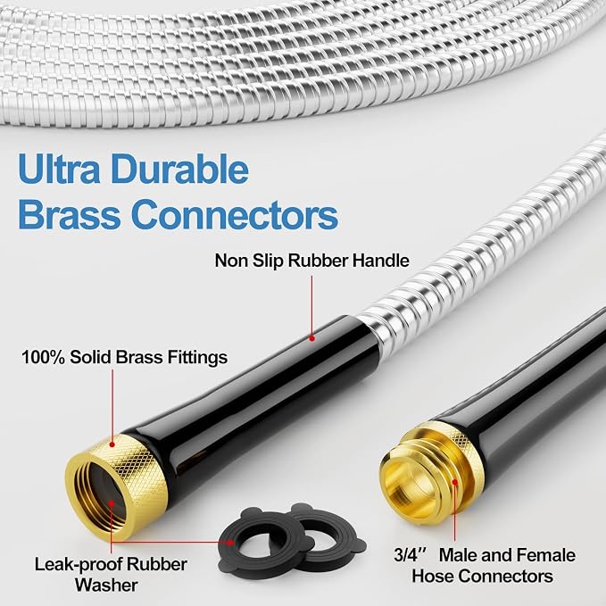 SPECILITE 75ft 304 Stainless Steel Metal Garden Hose with Rubber Grip | Adjustable Brass Nozzle, 3/4" Solid Brass Connectors, Flexible, Puncture Resistant, Non-Expandable for Yard Outdoor Lawn