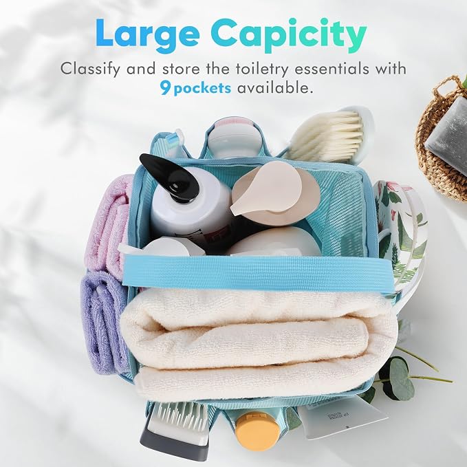 EUDELE 2 Pack Mesh Shower Caddy Portable for College Dorm Room Essentials, Shower Caddy Dorm with 9-Pocket Large Capacity,Shower Bag for Beach,Swimming,Gym All Black+All Ice Blue