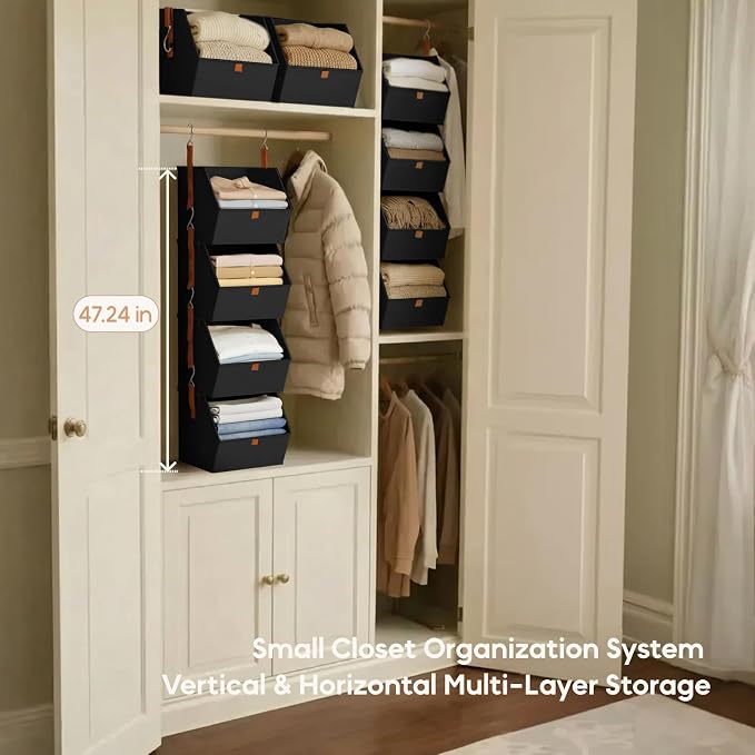 Hanging Closet Organizer 4 Tier - Clothes Hanging Shelves, Space-Saving Closet System, Fabric Storage Bins Bedroom Organization, Collapsible Baskets for Home, Dorm, Rv, Black