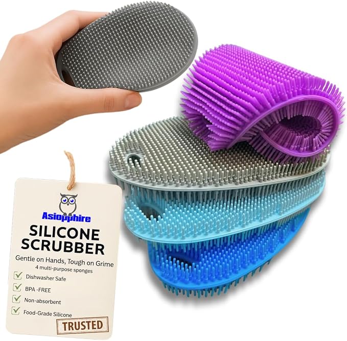 Food Grade Silicone Dish Scrubber - BPA-Free Kitchen Scrubbers for Dishes and Housecleaning (4-Pack Ovals)