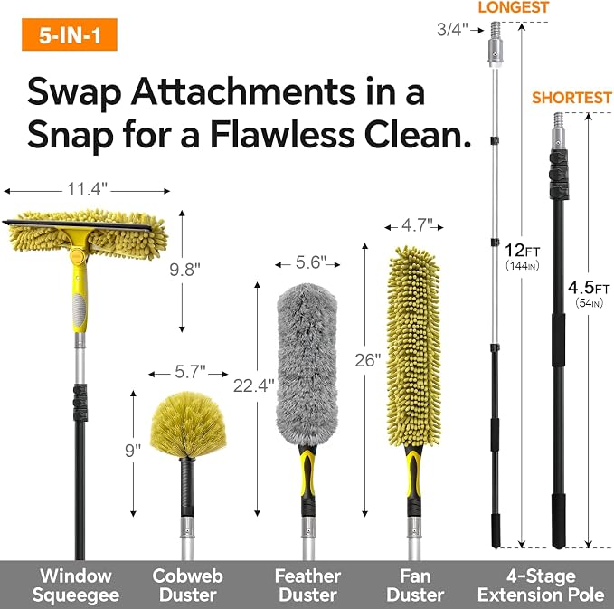 5-in-1 4-12Ft 4-Stage Telescoping Extension Pole Kit for Cleaning | Feather Dusters with Bristles for Outdoor Indoor, 4-Stage Spider Web Remover with Telescopic Pole for Ceiling Wall Yellow