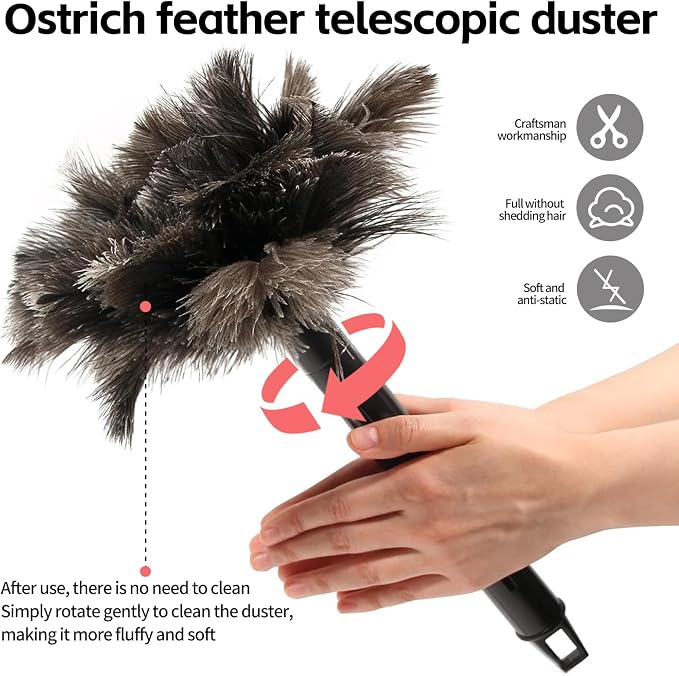 Retractable Feather Duster-Genuine Ostrich Feathers,Anti-Static,Reusable Eco-Friendly Handheld Cleaning for Keyboard,Home,Car,Office(10 to 15 Inches) 1 Pack