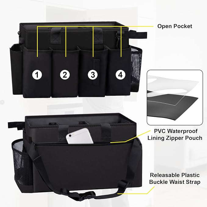 Wearable Large Cleaning Caddy Bag for Housekeepers (Black) | Cleaning Supplies Organizer with Adjustable Shoulder, Waist & Handle Straps, Detailing Bag for Kitchen Supplies