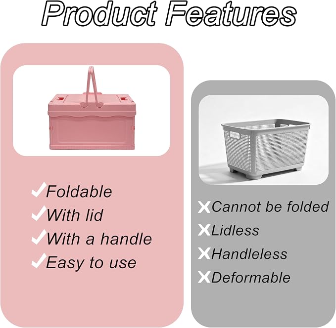 Foldable Small Plastic Baskets with Lids and Handles for Organizing,Collapsible Storage Crates, Stackable Bins for Home Kitchen Bedroom Bathroom Office (Pink, 12 * 8 * 7)
