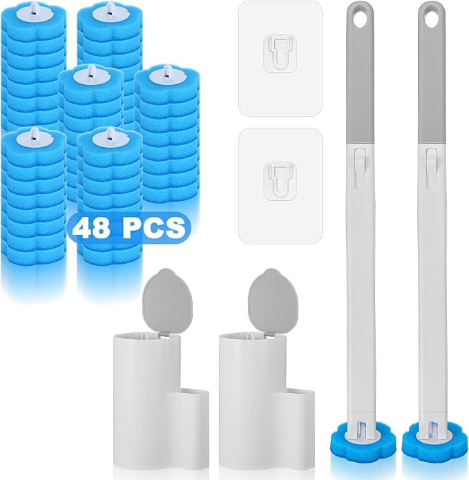 Ptwola 2 Pack Disposable Toilet Brush Holder Set Wall Mounted Extended Handle Toilet Bowl Cleaning Wand Stick Kit with 48 Refills Replacement Heads Pads for Bathroom Bathtub Deep Cleaners Maintenance
