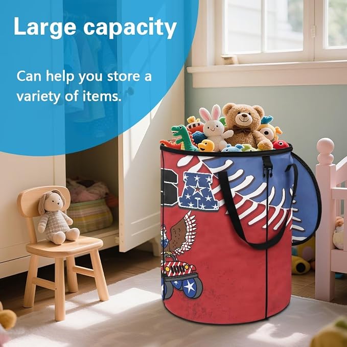 USA American Eagle Collapsible Trash Can 24 Gallon Foldable Garbage Bin with Lid, Waterproof Trash Bag Holder for Outdoor Camping, Patriotic Party Decor, Red White Blue Design