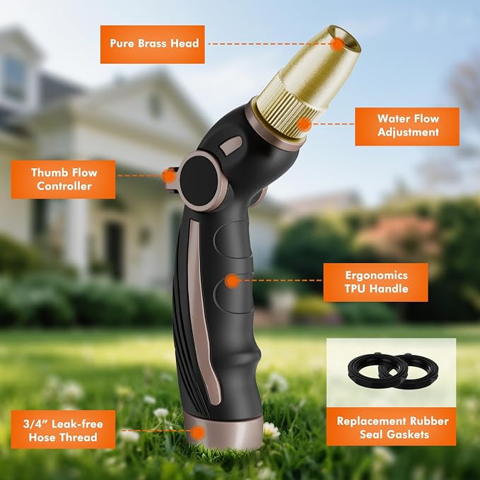 RESTMO Garden Hose Nozzle, Heavy Duty Water Hose Sprayer Nozzle, Brown | Brass Head, Thumb Control, Adjustable 4 Spray Patterns, Leak-proof, Metal Hose Nozzle for Outdoor Lawn & Plant & Car