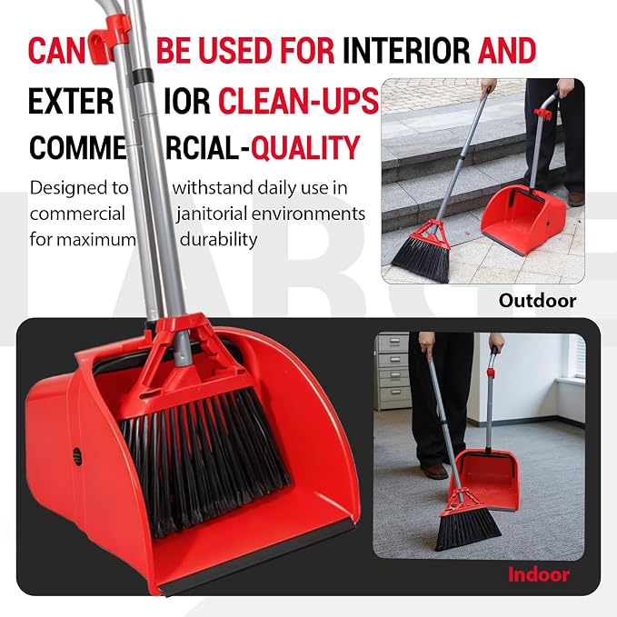 2 Pack Heavy Duty Broom and Dustpan Set,Indoor Outdoor Sweeping Kit,Red | 14"x14" Jumbo Large Capacity Dustpan & 14" Wide 54" Long Handle Broom, for Home Kitchen Yard Restaurant Garage Cleaning