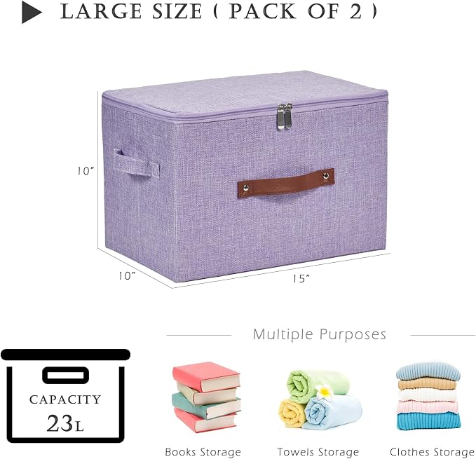 2PCS Storage Bins with Zipper Lids Decorative Lidded Basket Box | Clothes Container, Closet Shelf Organizer, Foldable Washable, Cotton Linen Fabric, w/ PU Leather Handles, Purple, Large
