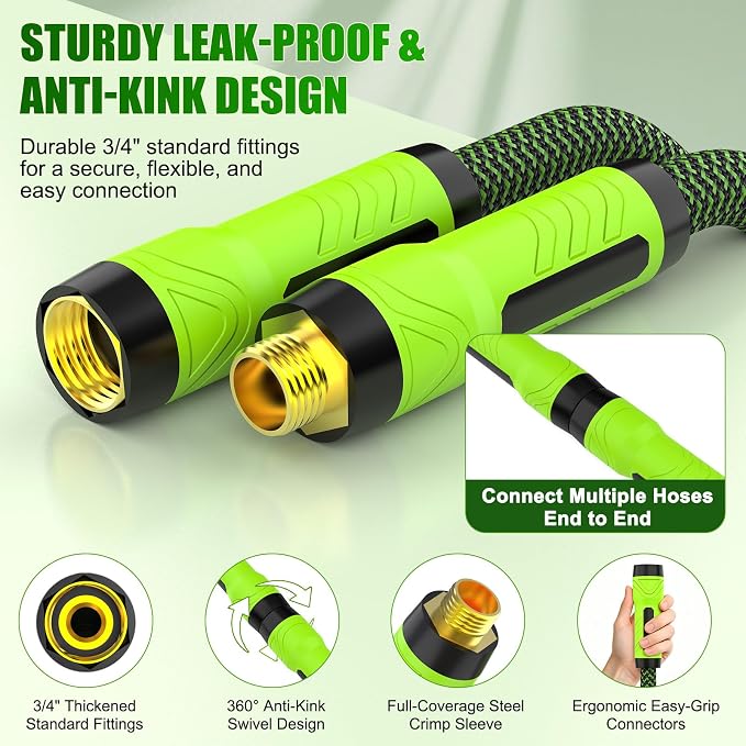 NON-EXPANDABLE Garden Hose 25 FT x5/8'' with 10-Function Sprayer | Flexible Hose 25 ft Lightweight, No Kinks Leak Proof Durable Fabric Skin, Water Hose 25FT for Yard, Outdoor
