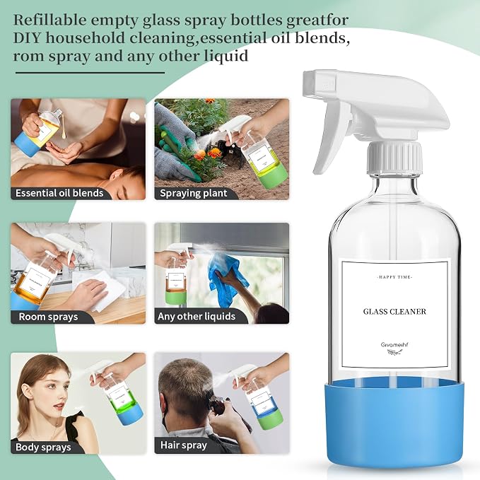 GIVAMEIHF 2 Pack Glass Spray Bottles with Silicone Sleeve,16oz Clear Glass Spray Bottles Refillable Empty Bottle with Adjustable Nozzle,Spray Bottle for Essential Oils,Cleaning Solutions,Pets,Hair