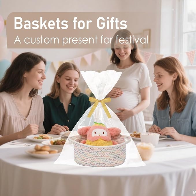 JMvicyroam Small Woven Basket, Empty Gift Basket, Colorful/1 Pack | Small Gift Basket, Cotton Rope, 12 x 8 x 48 in, Handles, Includes Ribbon and Bag, Birthday Gift Basket