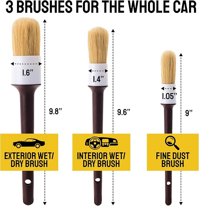 Car Detailing Brush Set 3-pc, Car Detailing Kit Interior by Detail Dudes | Boar Hair Detailing Brushes - Exterior & Interior Soft Bristle Cleaning Brushes - Car Accessories for Wheels, Leather & Trim
