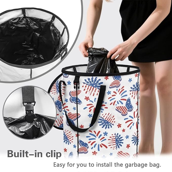 American Flag Butterfly 24 Gallon Collapsible Trash Can Waterproof Outdoor Garbage Can with Lid and Handles for Patio Yard Garden Waste Leaf Reusable Pop-Up Trash Bag