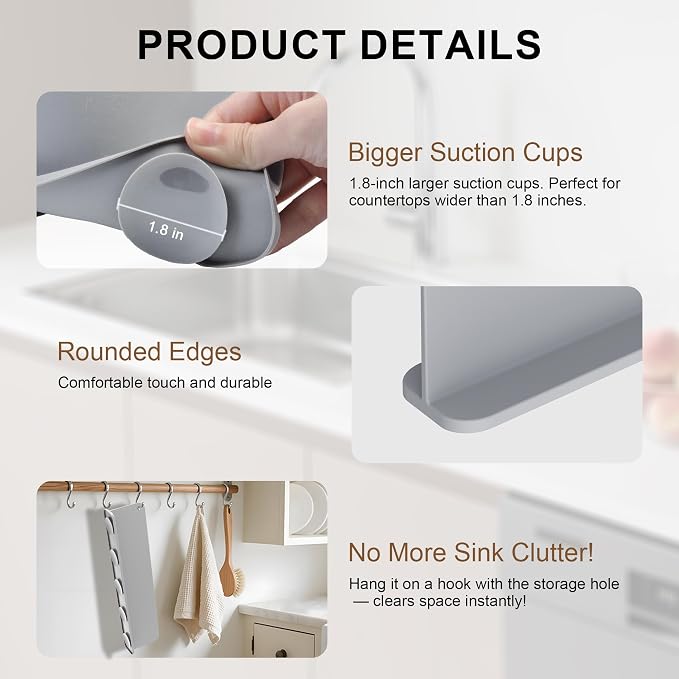 Mofason Silicone Sink Splash Guard for Kitchen Sink Water Splash Guard Grey | 17.3"x4.1" in splash guard for kitchen counter sink area behind faucet with suction cup, sink backsplash guard for front edge