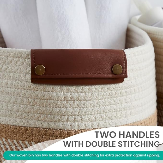 3 Pack Woven Cotton Rope Storage Basket, 15x10x9, White/Brown | Faux Leather Handles; Decorative Closet Shelf Organizer; Ideal for Storage & Organization