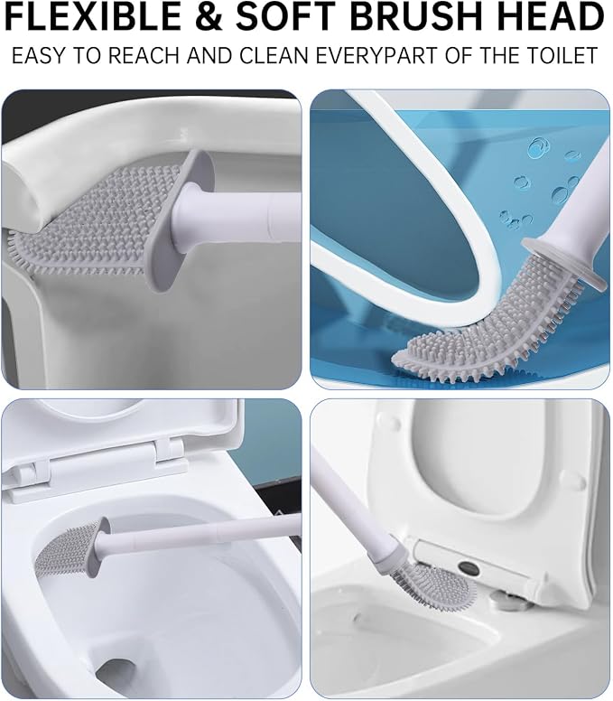 RV Silicone Toilet Brush with Holder, Drill-Free Wall Mounted Toilet Bowl Cleaner, Anti-Drip Anti-Roll Compact Brush for RV Camper & Small Bathroom (Green)