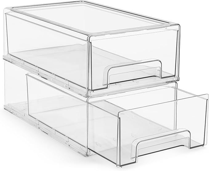 Sorbus Clear Stackable Storage Drawers with Pull-Out Bins (Medium, 2 Pack) | Easy-access plastic organization for pantries, offices, bathrooms and closets; supports sorting and visibility.