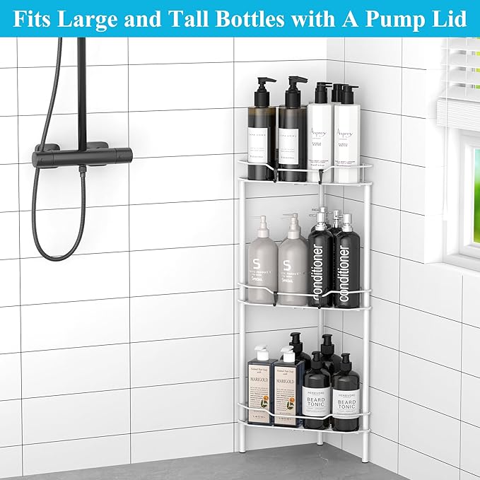 HuggieGems Metal Floor Standing Corner Shower Caddy, White, 3 Tier | Adhesive Bathroom Organizer Shelves, Free Standing Shower Rack with Hooks, Hold Large Shampoo Bottles