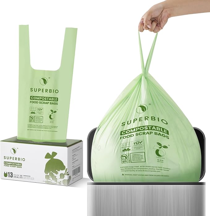 SUPERBIO 13 Gallon Compostable Kitchen Waste Bags with Handles | Food Scrap Bags, Certified by BPI, OK compost HOME, 30 Count, 49.2L