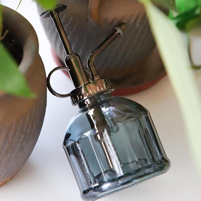 OFFIDIX Glass Plant Spray Bottle, Grey 6.7 oz Plant Mister for Inside Decor | Vintage Style Spritzer, Indoor Plant Spray Bottle, 6.3" Tall, 200ml/6.7oz, Small One Hand Watering Can for Garden Cleaning