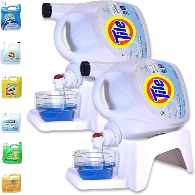 Liquid Laundry Detergent Holder Stand with Drip Tray - 2 Pack - White | Easy Pouring, Rubber Feet, Angled Stand, Fabric Softener Dispenser for Laundry Room Organization & Storage