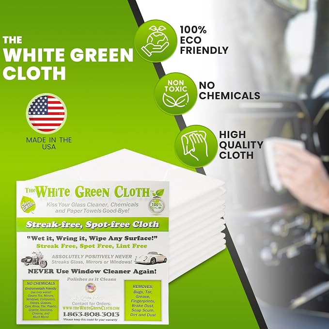 The White Green Cloth 4-Pack Reusable Cleaning Cloths for Streak-Free Windows, Mirrors & All-Purpose Use – Chemical-Free, Absorbent, Non-Abrasive, 16" x 16" White Cleaning Rags, Made in The USA