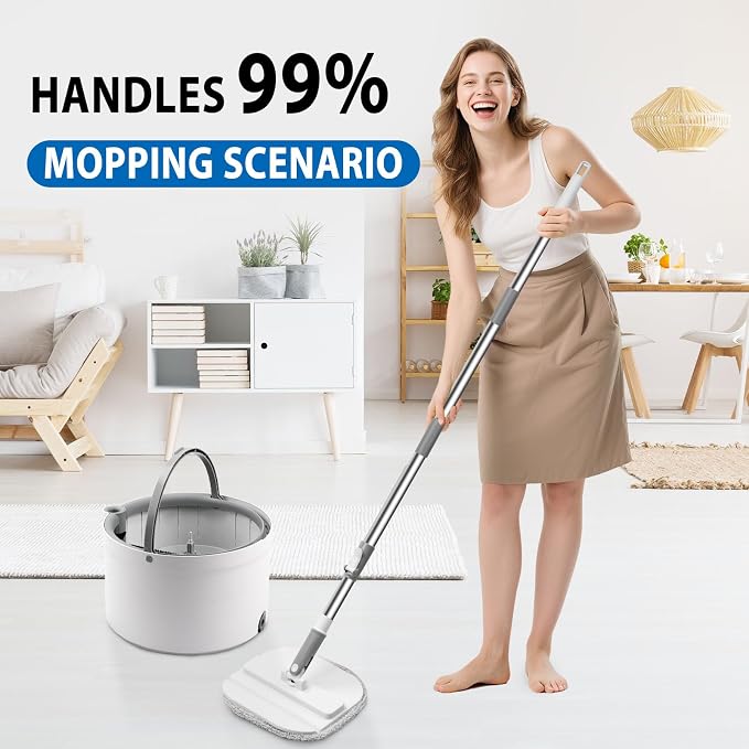 Spin Mop and Bucket with Wringer Set, Clean/Dirty Water, 3 Pads, 52" Handle | 360° Spinning Mop System with Separate Clean & Dirty Water Bucket & 3 Microfiber Pads for Floor & Wall Cleaning