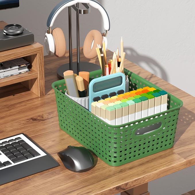 Sadstory Green Plastic Woven Storage Basket, Plastic Shelf Basket, 6 Packs | Deep Green Small Plastic Organizer Baskets for Bathroom, Kitchen, Pantry