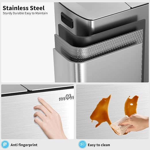 mVm Dual Trash Can, 16 Gal (2x8Gal) Kitchen Trash Can with Soft-Close Lid, Brushed Stainless Steel Recycling Bin for Home Office, Anti-Fingerprint (Silver)