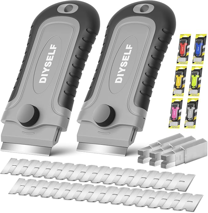 DIYSELF 2 Pack Paint Scraper Tool with 30 Razor Blades, Stove Top Cleaner Tools | Razor Blade Scrapers for Glass Stove Tops, Ovens, Windows and Tile, Paint Scraper Tools for Stickers, Glue and Residue