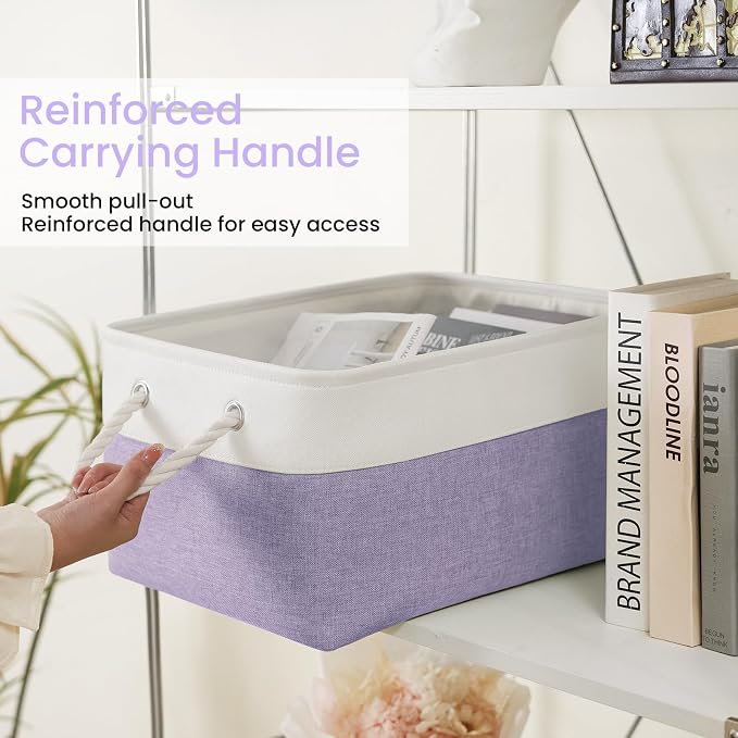 15.7x11.8x8.26 Inch Fabric Large Storage Bins with Handles 6 Pack | Foldable, Sturdy Metal Strand, Cardboard Support Molding, Fabric Storage Baskets for Shelves, Closet, Bedroom, White/Purple