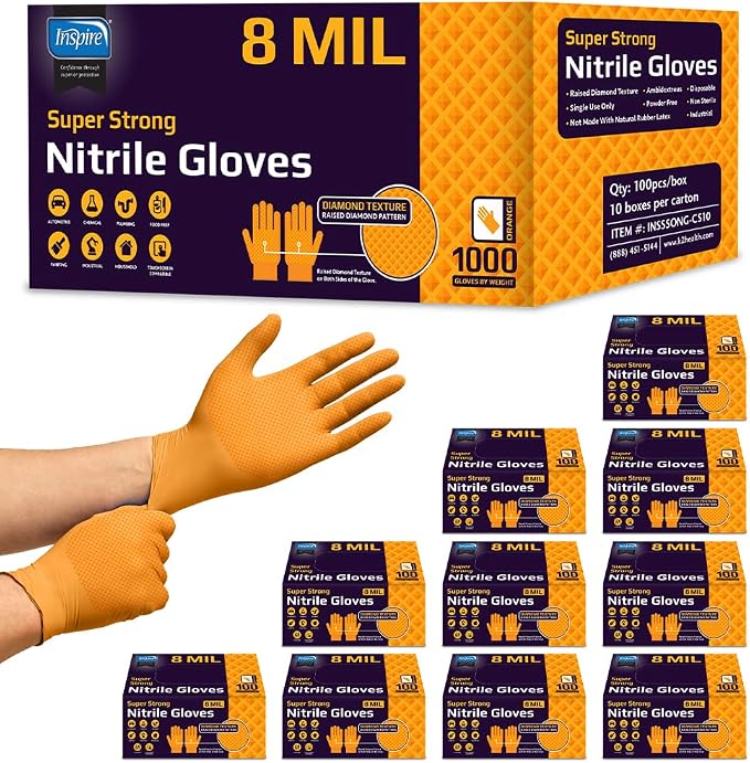 Inspire Heavy Duty Orange Nitrile Gloves | ULTRA 8 Mil Diamond Textured Grip | Industrial Mechanic Disposable Cleaning Gloves