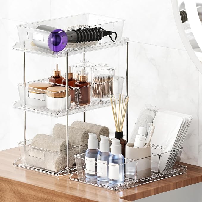 Fabspace Bathroom Under Sink Organizers and Storage, 2 Tier, 1 Pack | Clear Vanity Countertop Pull-out Cabinet Organizer, Stackable Multi-Purpose Kitchen Pantry Organization with Dividers