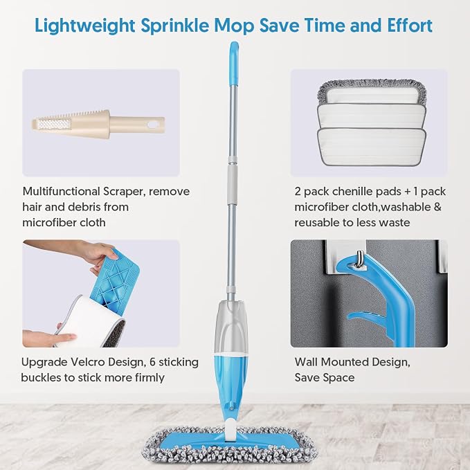 Spray Wet Mops for Floors Cleaning: Hardwood Floor Mops Flat Mop Refillable | Remove Pet Hair, 3 Washable Pads for Swiffer PowerMop, Commercial Dust Mop, for Pet Owner Laminate Tile Vinyl Multi-surface