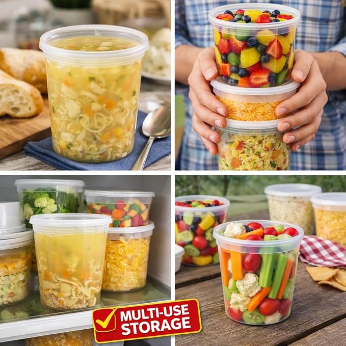 32 oz [20-Pack] Microwavable Plastic Deli Food Storage Containers with Lids | BPA Free, leak-resistant, stackable and freezer-safe design helps keep food fresh and secure