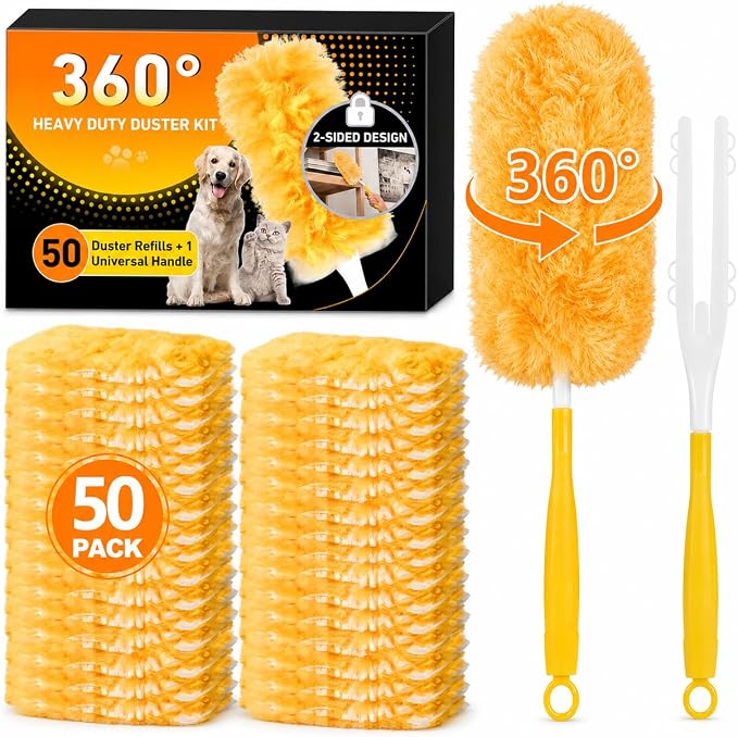 Duster Refill Kit Compatible with Swiffer Duster, 50 Count | Disposable, 360° Heavy Duty Microfiber Refills, Short Handle, Multi-Surface, For Cleaning Furniture Blinds Ceiling Fan