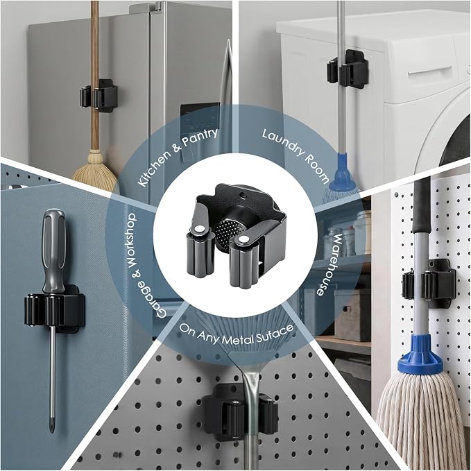 10Pcs Magnetic Broom Holder Wall Mount No-Drill | 12lbs Heavy Duty Magnetic Tool Holder, for garage, laundry, kitchen, RV, van broom and mop organizer wall hanging