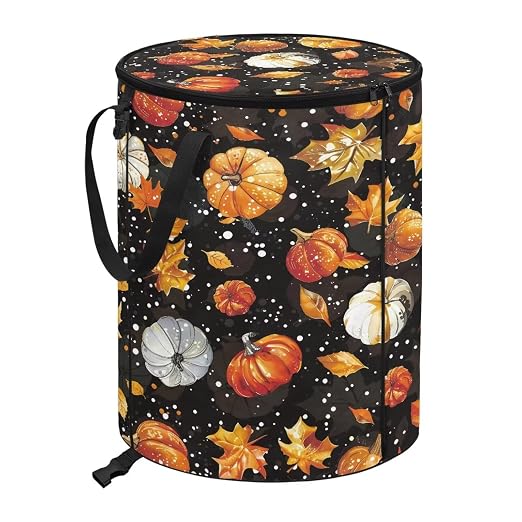 doginthehole Fall Maple Leaves Pumpkin Collapsible Trash Can Portable Tall Trash Can Recycling Bin 22.83x17.71 Outside Garbage Bin Storage Bag with Clip and Zipper Lid, Fall Decorations for Outdoor