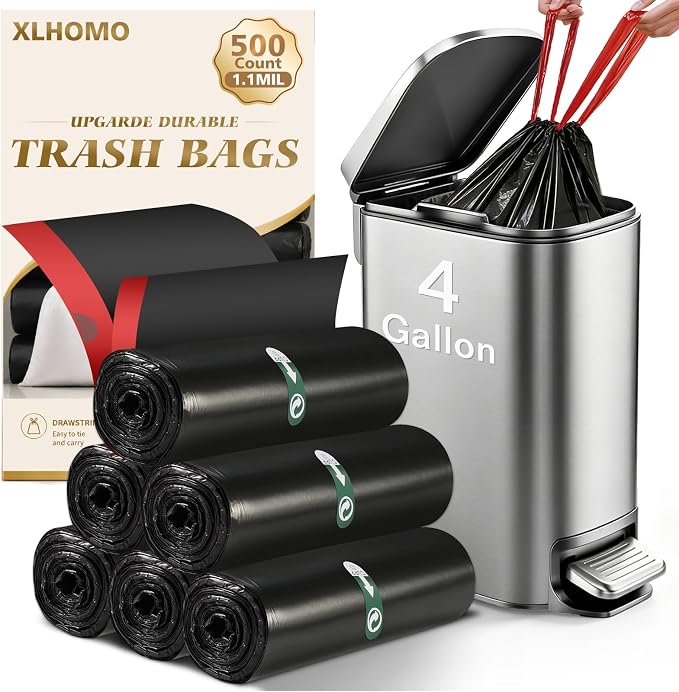 500 Counts 4 Gallon Trash Bag Drawstring Small Trash Bags, Thick Pre-separated Garbage Bags, Trash Bin Liners, Suitable for bathroom, kitchen, bedroom, office (Black)