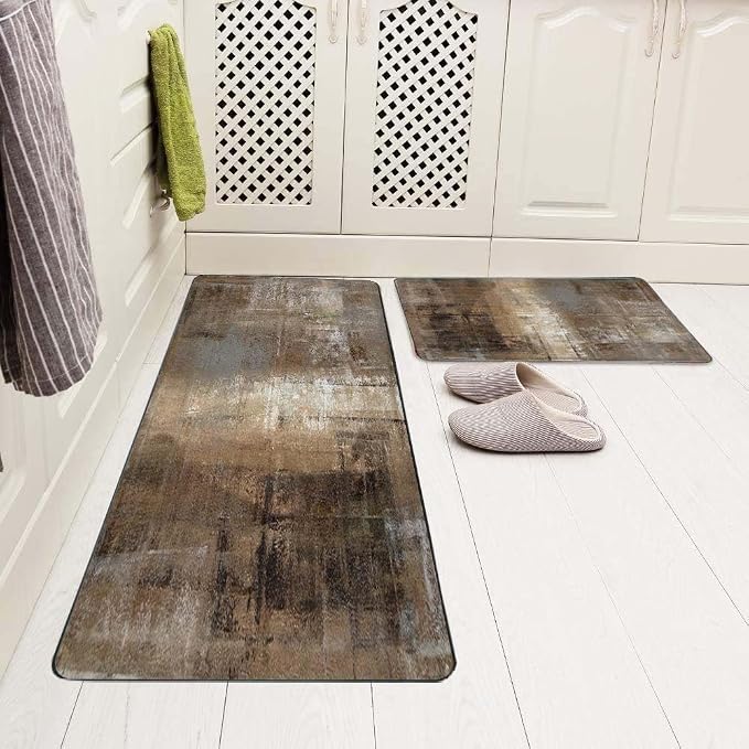 TOMWISH Brown Grey Kitchen Mat 2 Pcs Kitchen Rugs and Mats 17"X48"+17"X24" | Cushioned Kitchen Rug Non Skid Washable for Kitchen Dining Room Floor Home Office Sink Laundry Kitchen Decor and Accessories