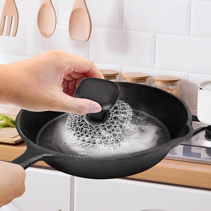 Cast Iron Scrubber Dish Scrub Brush for Cast Iron Pan Skillet | 316 Cast Iron Cleaner, Chain Mail Scrubber Cast Iron, Dish Scouring Pad, Dishwasher Safe, Cleaning Kit, Black