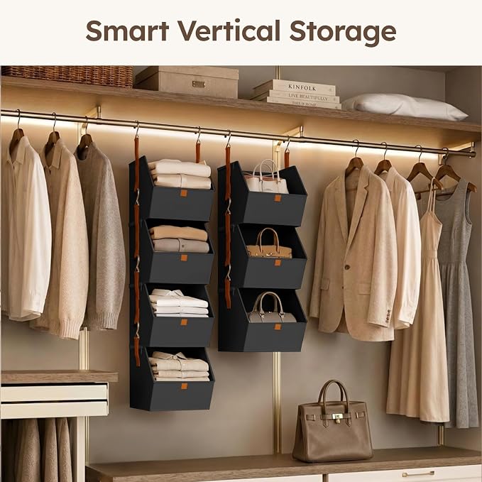 Hanging Closet Organizer 4 Tier - Clothes Hanging Shelves, Space-Saving Closet System, Fabric Storage Bins Bedroom Organization, Collapsible Baskets for Home, Dorm, Rv, Black