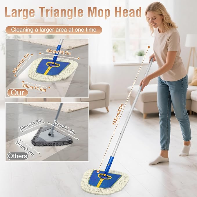 SOBONNE Commercial Dust Mop for Hardwood Floors Cleaning | 2 Reusable Wedge Cotton Mop Pads|61" Long Handle Dry Mop Broom for Walls,Laminate,Vinyl,Tile,Home Floor Duster|Blue