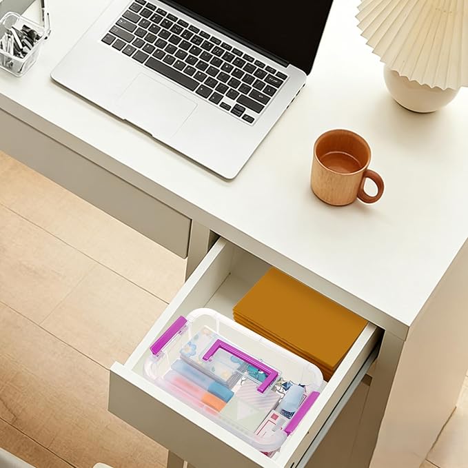 BTSKY Clear Plastic Storage Box, Portable Organizer Container Purple Handle | Stackable Storage Bin for Office Home, Multi-Use Container Box with Lid for Stationery Jewelry Craft Sewing Supplies