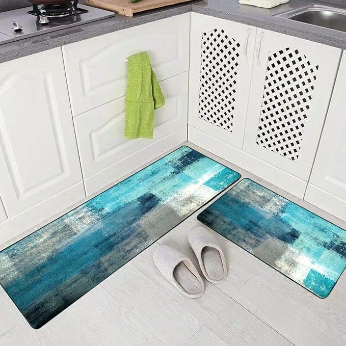 TOMWISH Kitchen Mats Turquoise and Grey Abstract Art Kitchen Rug | 20"X48"+20"X30" Washable Non-Slip Kitchen Rug Set for Kitchen Dining Room,Floor Home,Office,Sink,Laundry