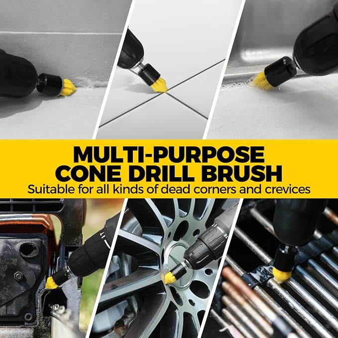 Holikme 10Pack Drill Brush Attachments Set，Power Scrubber Kit for Clean | 9 brush sizes, nylon bristles, extension reach, bathroom, tile, grout, kitchen and car cleaning, yellow