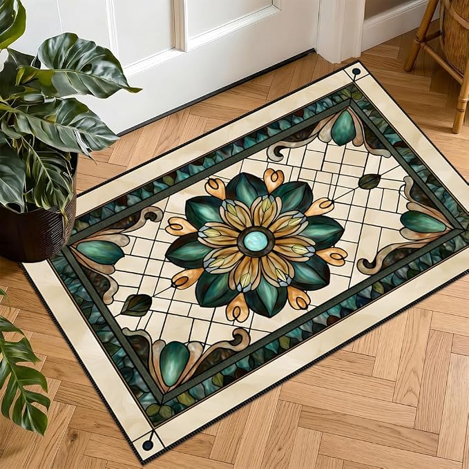 Stained Glass Floral Laundry Mat 23.6 x 19.6 Inch (Retro Green)