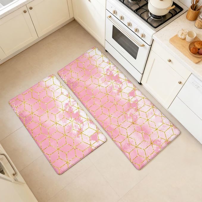 Feelyou Pink Marble 2pcs Kitchen Rug Ombre Kitchen Mat for Floor Geometric Waterproof Non-Slip Rugs for Office Laundry Room Decor Accessories