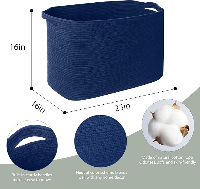 MEGASKET 108L Extra Large Storage Basket, 25"x16"x16" Blue Blanket Basket Living Room, Oversized Cotton Rope Blanket Storage, XXXL Woven Kids Dog Toy Bin Box, Jumbo Laundry Shoes Towel Bin, Navy Blue